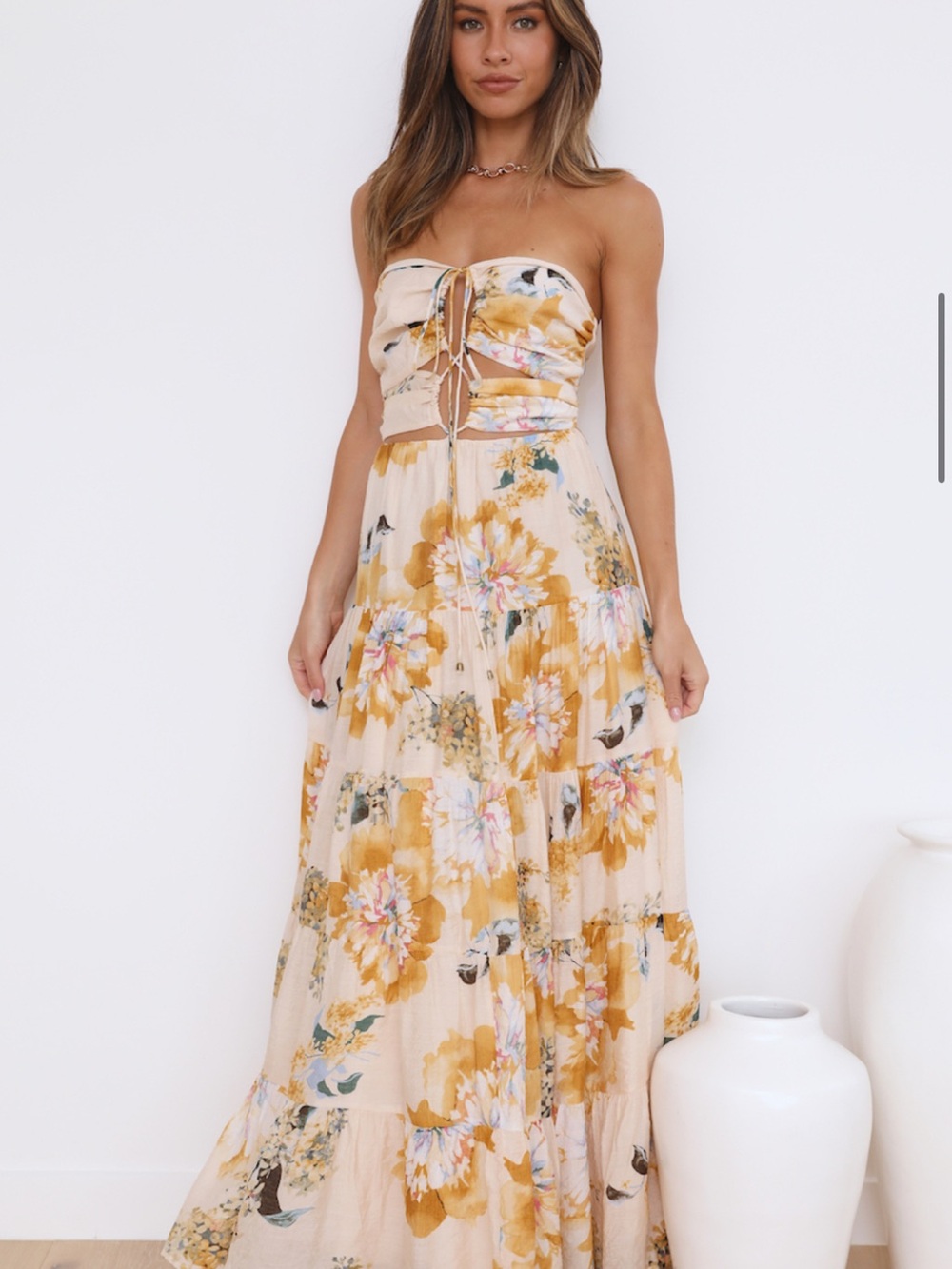 Hello Molly Strapless Floral Maxi Dress in Mustard and Cream